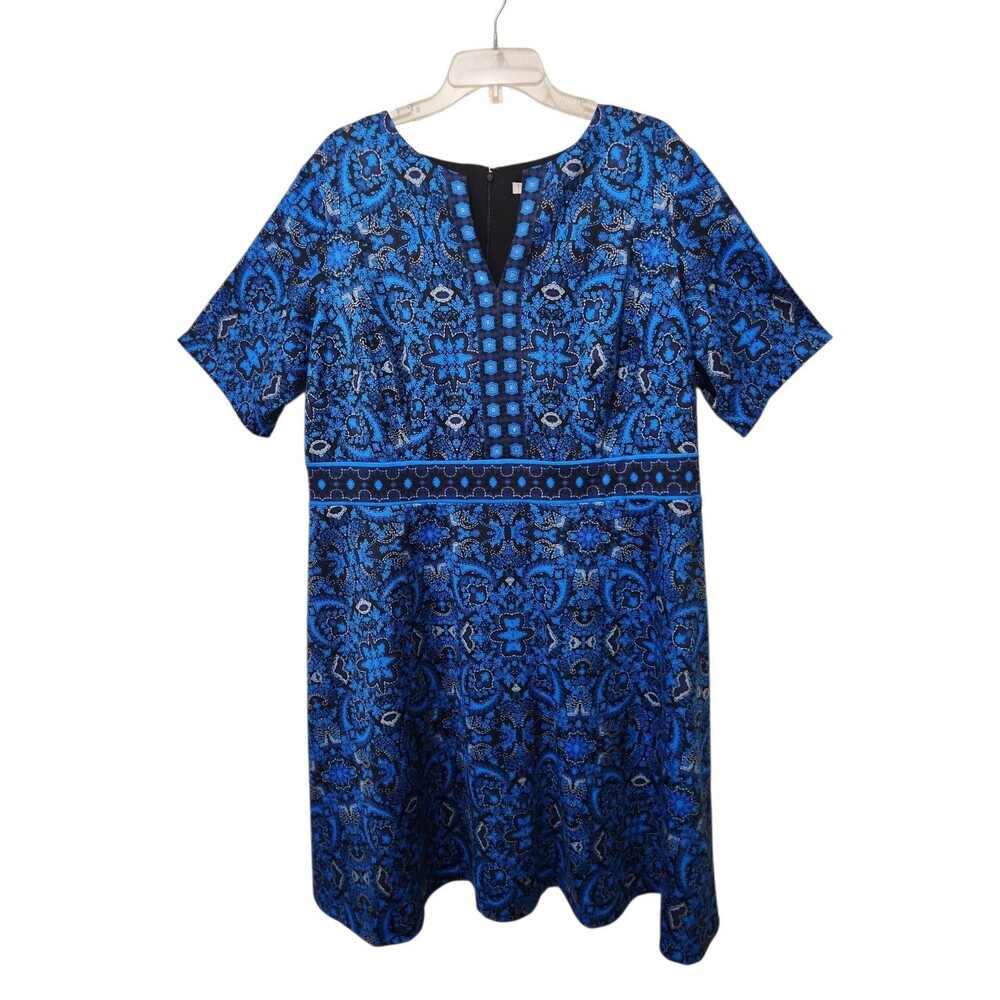 LONDON STYLE Short Sleeve Dress 20W Blue Sheath Back Zip Knit Stretch Notch V